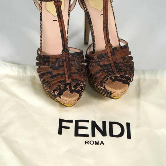 Fendi Brown/Yellow Python Embossed Leather Strappy Platform Sanel Size 8.5 - Picture 2 of 5
